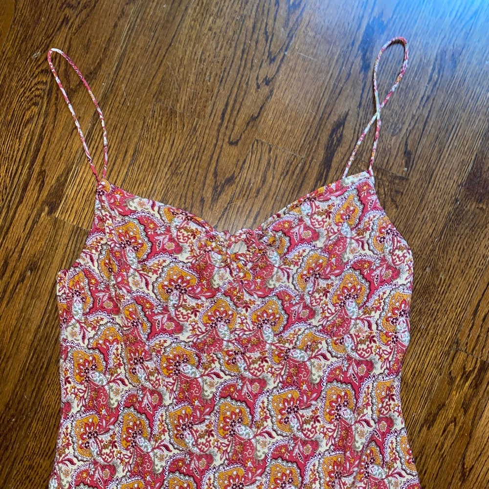 Ann-Taylor Loft, colorful, spaghetti strap midi dress. Decorative tie on top.
